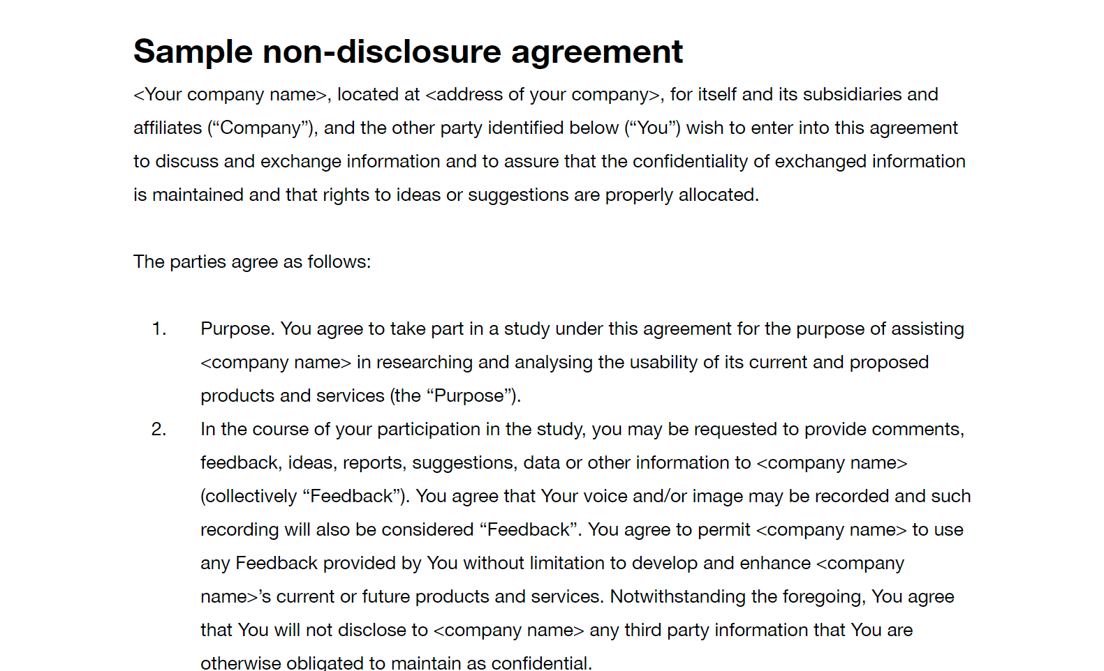 User Studies Sample Non Disclosure Agreement