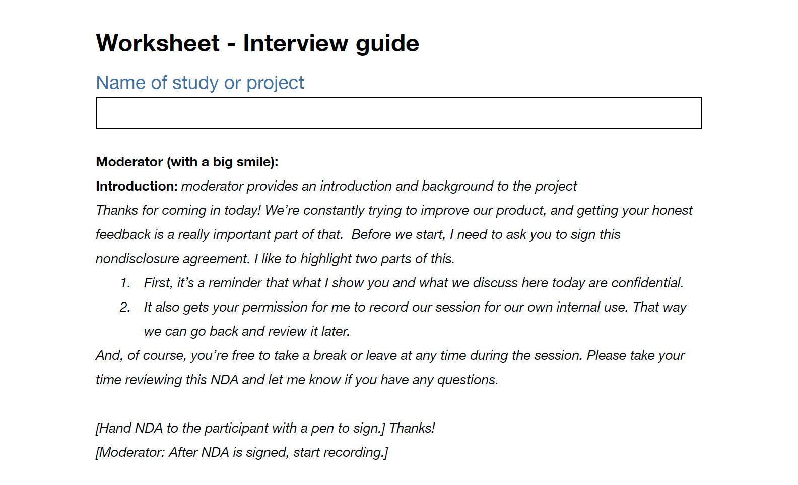 User Studies Template Interview Guide